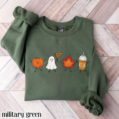 Fall Doodle Sweatshirt Cute Cozy Autumn Vibes Sweater Spooky Season Halloween Crewneck Summerween Pumpkin Ghost Maple Leaf Latte Pullover