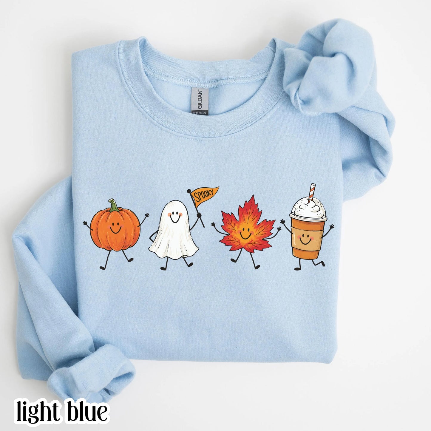 Fall Doodle Sweatshirt Cute Cozy Autumn Vibes Sweater Spooky Season Halloween Crewneck Summerween Pumpkin Ghost Maple Leaf Latte Pullover