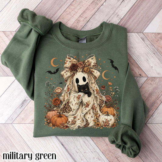 Sweat-shirt fantôme floral saison effrayante pull chat noir Halloween automne pull col rond citrouille dentelle vintage joli Cottagecore léopard