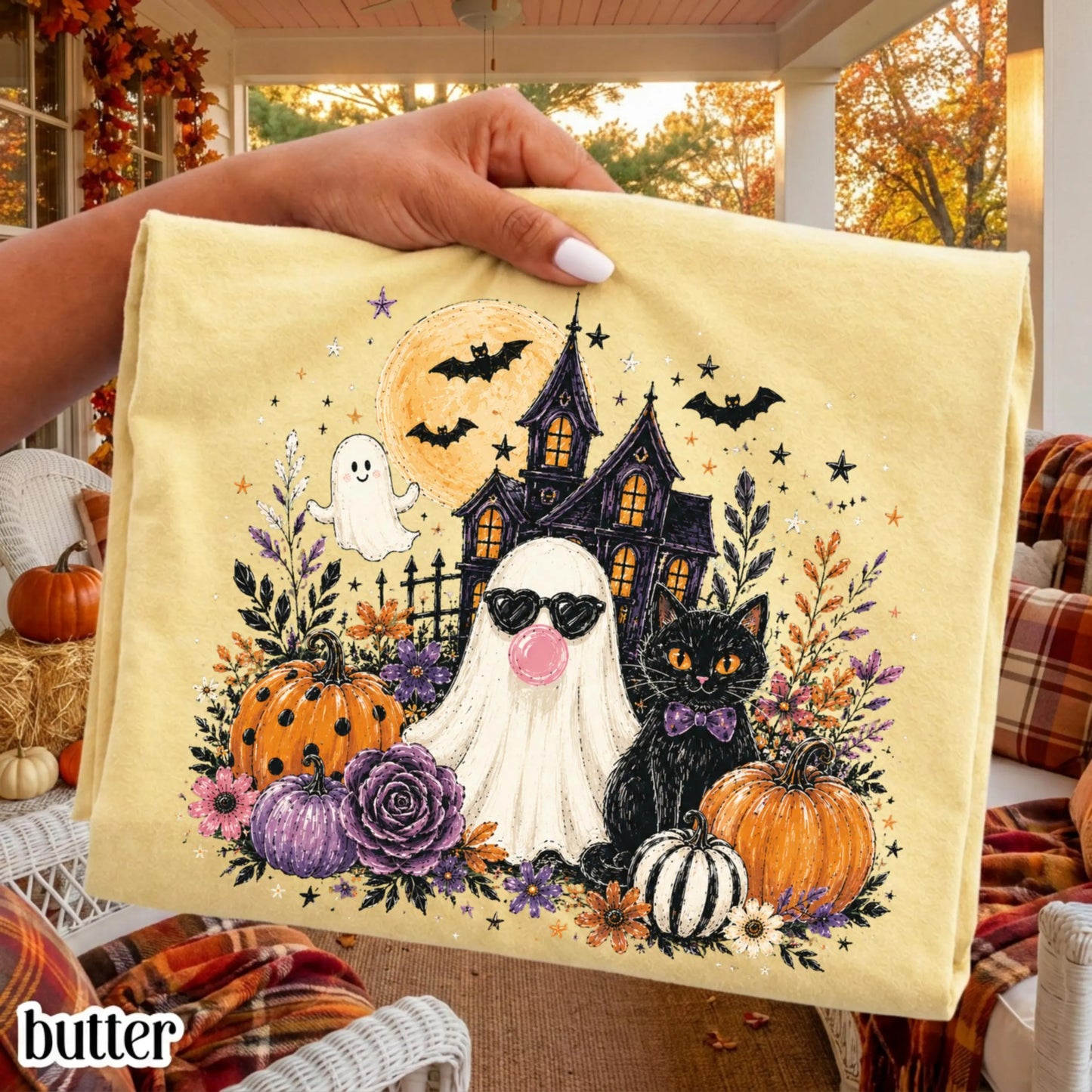 Ghost Blowing Bubble Gum Cute Floral Spooky Season Comfort