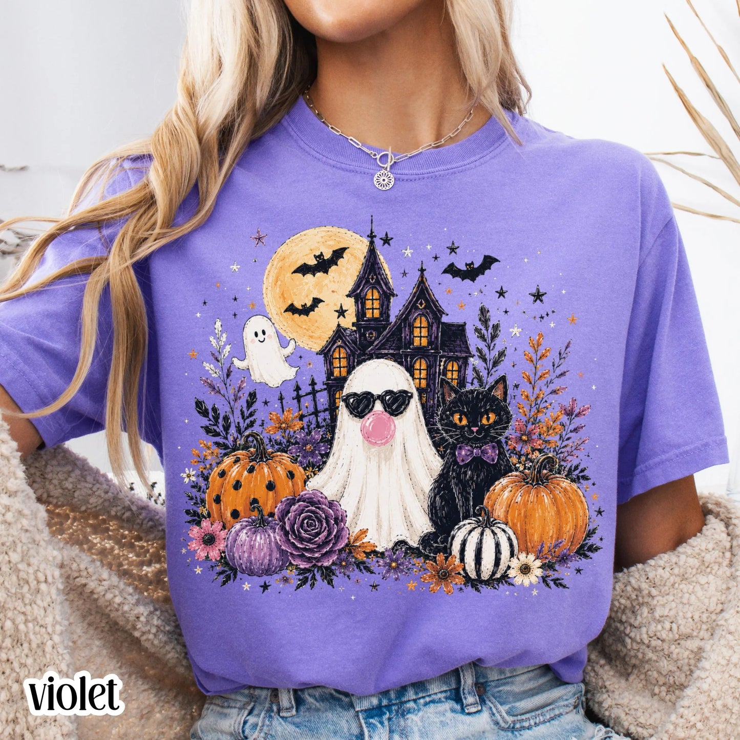Ghost Blowing Bubble Gum Cute Floral Spooky Season Comfort