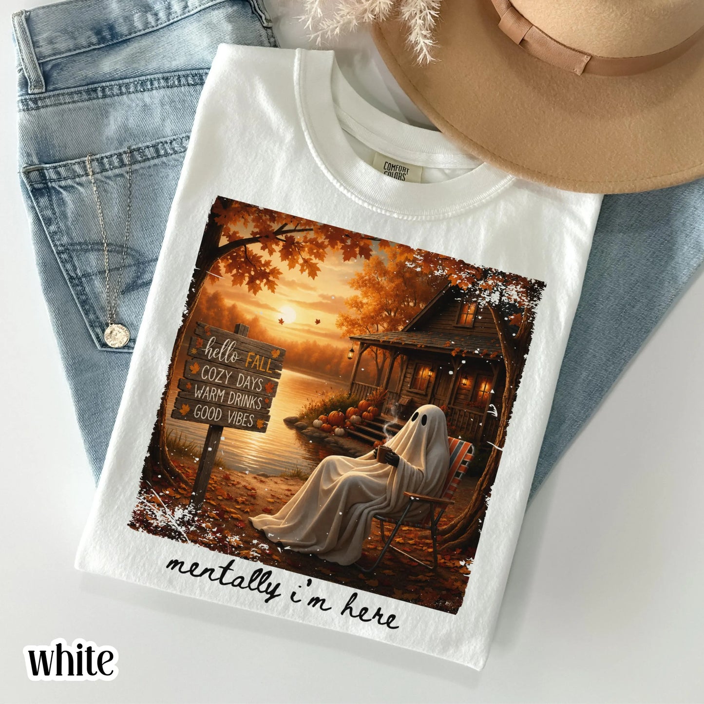 Summerween Ghost Comfort Colors Shirt Mentally I'm Here Cute Fall Tee Cozy Autumn Vibes Pumpkin Season TShirt Trendy Halloween Lover T-Shirt