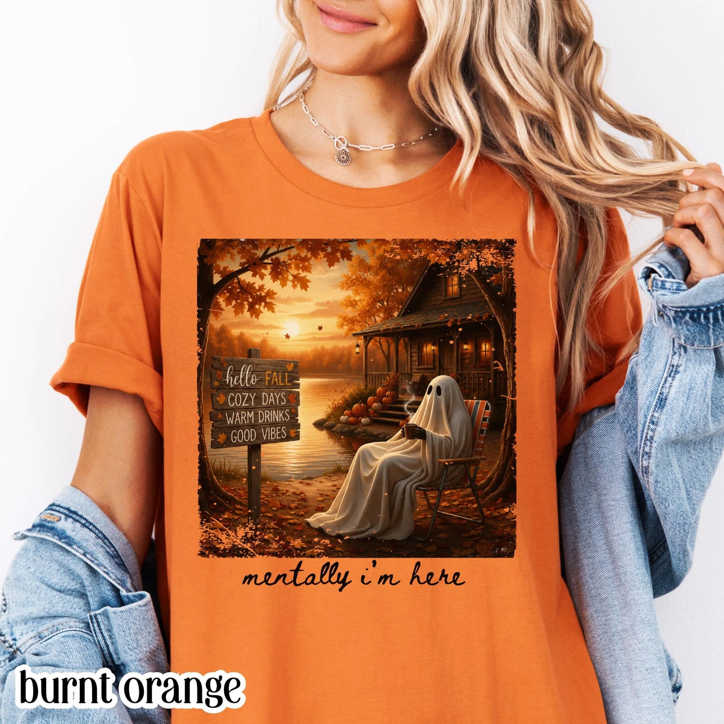 Summerween Ghost Comfort Colors Shirt Mentally I'm Here Cute Fall Tee Cozy Autumn Vibes Pumpkin Season TShirt Trendy Halloween Lover T-Shirt