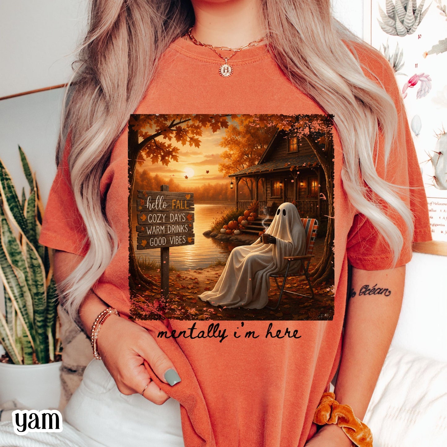 Summerween Ghost Comfort Colors Shirt Mentally I'm Here Cute Fall Tee Cozy Autumn Vibes Pumpkin Season TShirt Trendy Halloween Lover T-Shirt