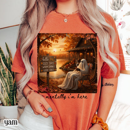 Summerween Ghost Comfort Colors Shirt Mentally I'm Here Cute Fall Tee Cozy Autumn Vibes Pumpkin Season TShirt Trendy Halloween Lover T-Shirt