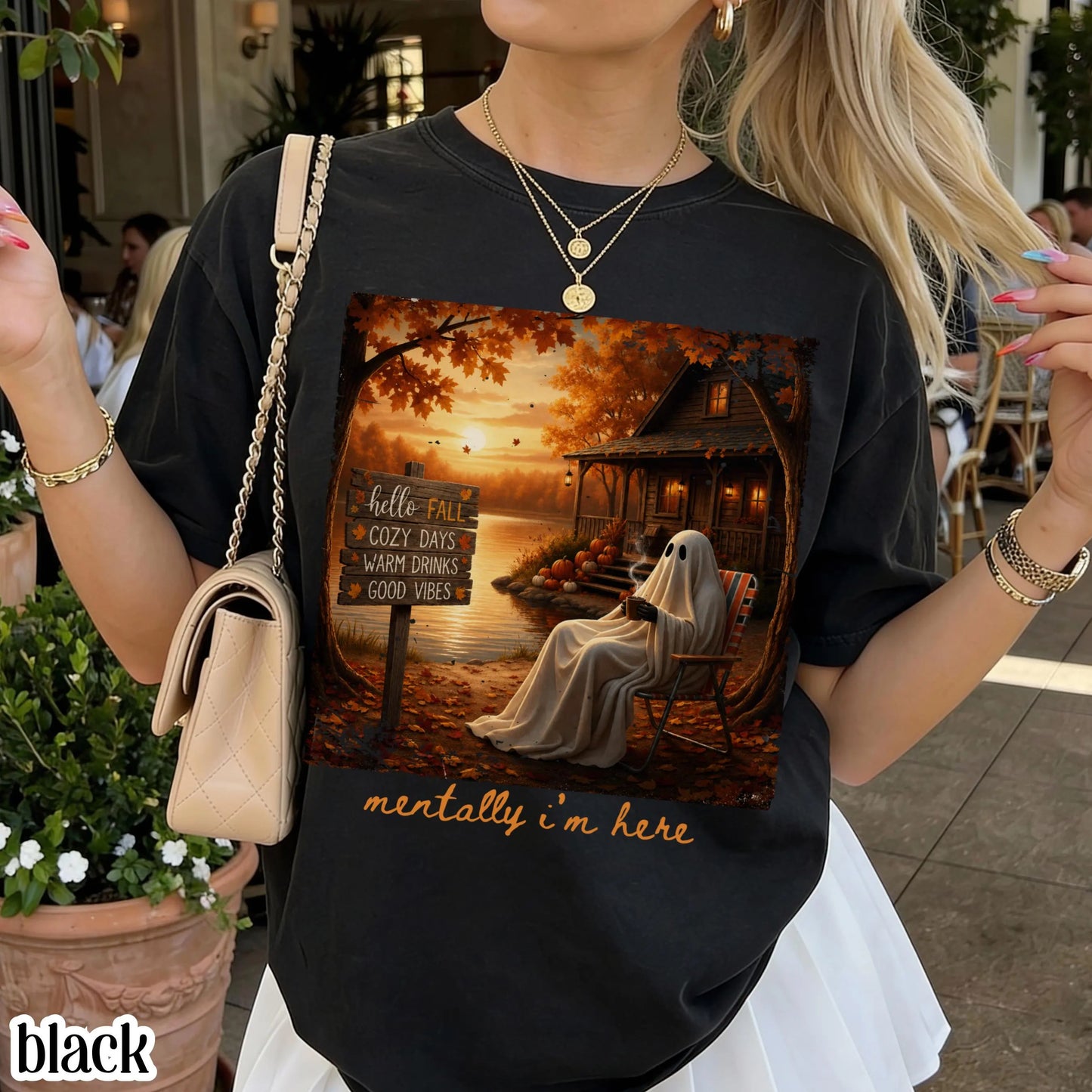 Summerween Ghost Comfort Colors Shirt Mentally I'm Here Cute Fall Tee Cozy Autumn Vibes Pumpkin Season TShirt Trendy Halloween Lover T-Shirt