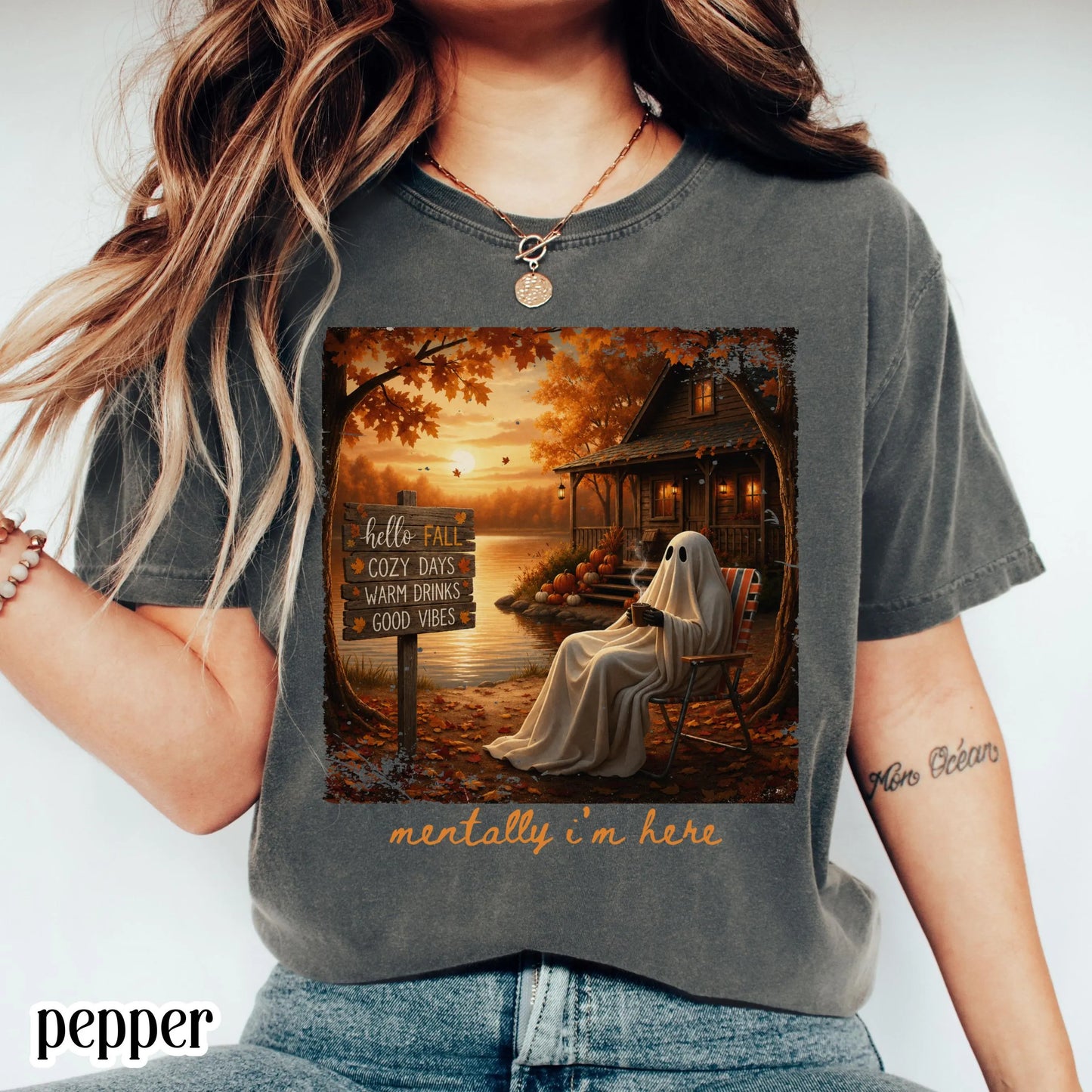 Summerween Ghost Comfort Colors Shirt Mentally I'm Here Cute Fall Tee Cozy Autumn Vibes Pumpkin Season TShirt Trendy Halloween Lover T-Shirt