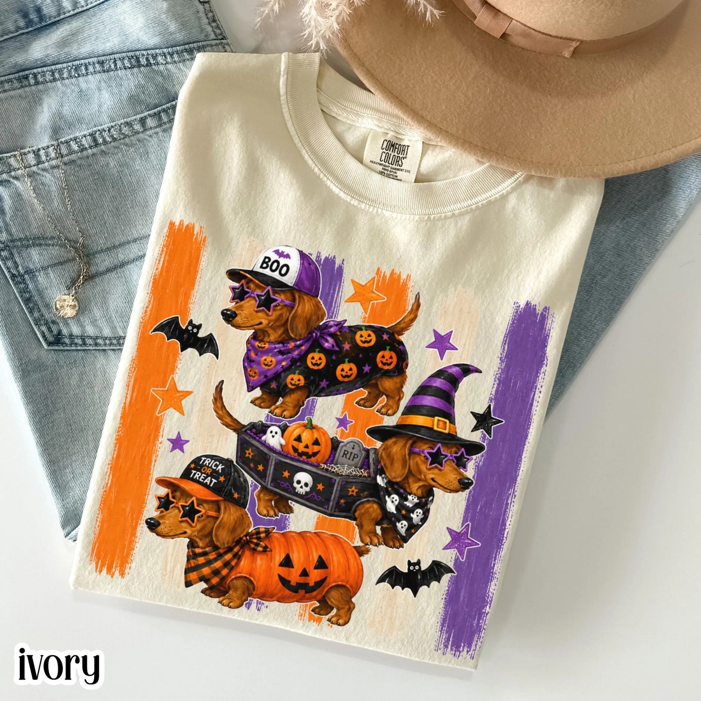 Halloween Dachshund Comfort Colors® Shirt Doxie Pumpkin Costume Tee Spooky Season Cute Wiener Dog TShirt Trick or Treat Fall Animal T-Shirt