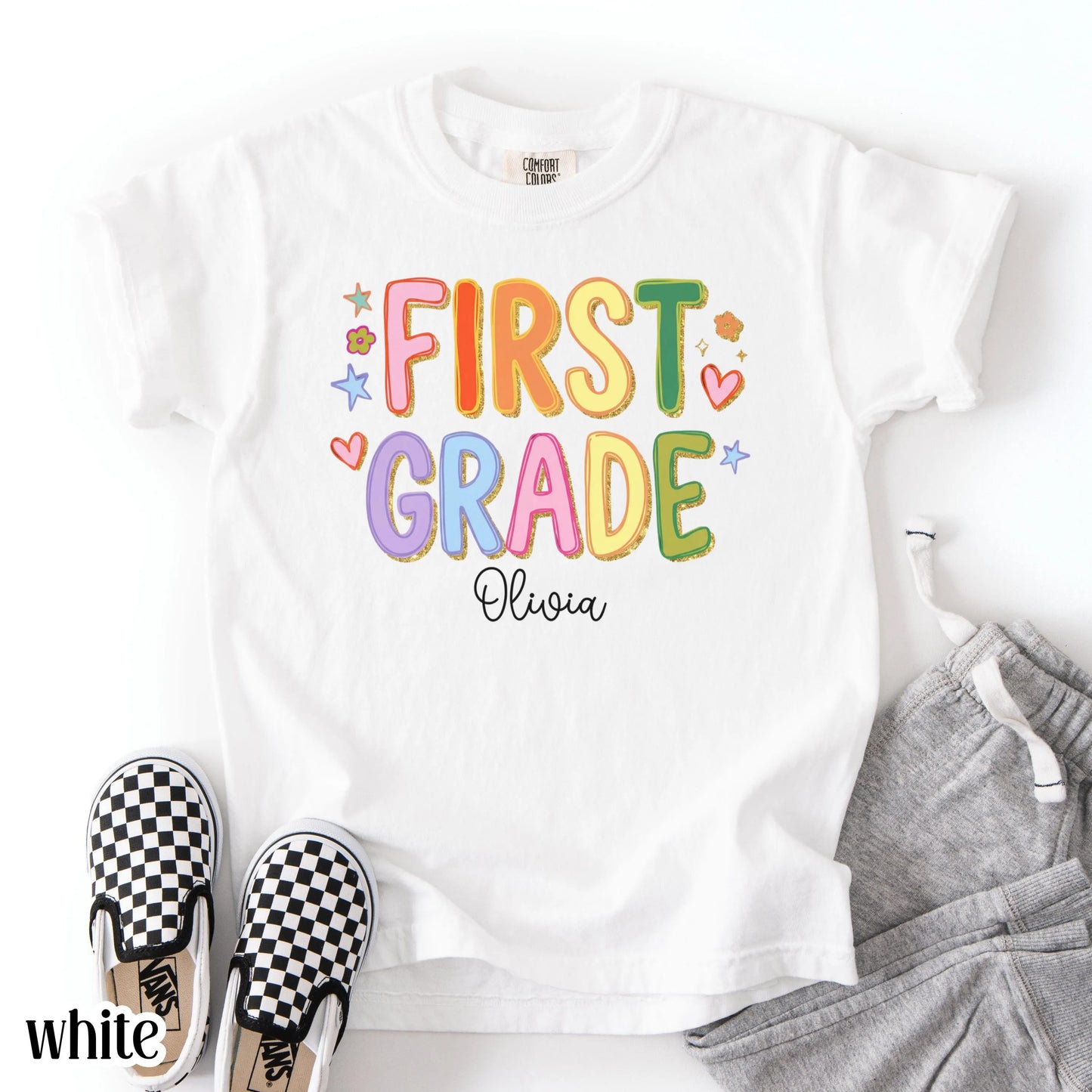Youth First Grade Comfort Colors® Shirt Colorful Custom Name Elementary School TShirt Kids 1st Grade Back to School Outfit For First Day