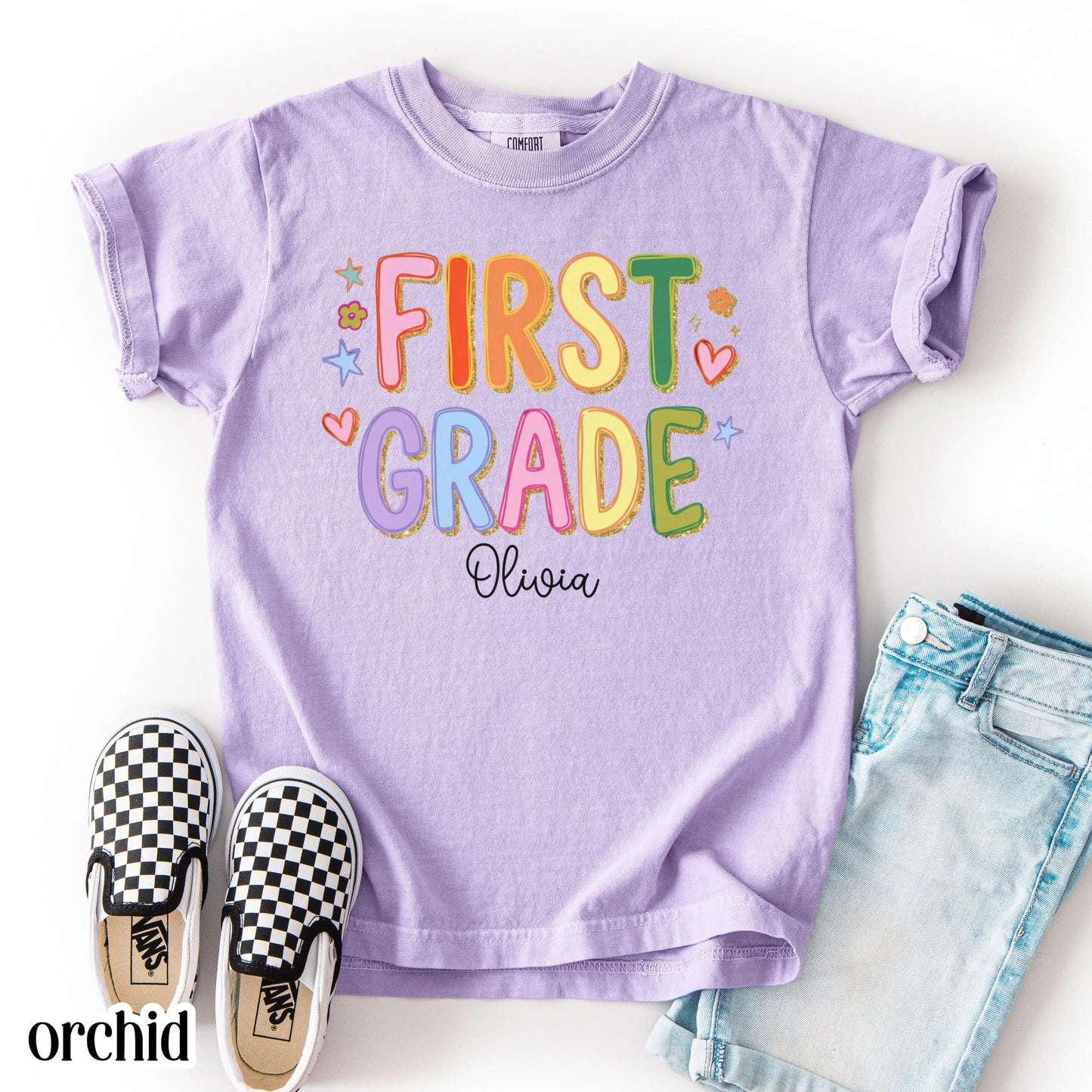 Youth First Grade Comfort Colors® Shirt Colorful Custom Name Elementary School TShirt Kids 1st Grade Back to School Outfit For First Day