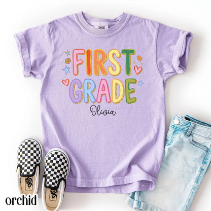 Youth First Grade Comfort Colors® Shirt Colorful Custom Name Elementary School TShirt Kids 1st Grade Back to School Outfit For First Day