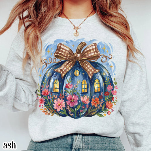 Pumpkin Sweatshirt Halloween Spooky Season Vintage Autumn Sweater Blue Floral Cottagecore Crewneck Retro Flower Bow Fall Cozy Pullover
