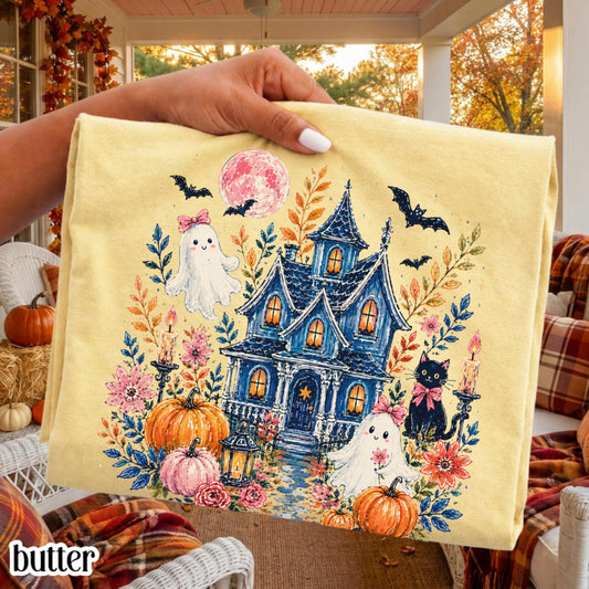 Halloween Haunted House Comfort Colors® Shirt Spooky Ghost Pumpkin Floral Cottage Tee Blue Brushstroke TShirt Fall Black Cat T-Shirt