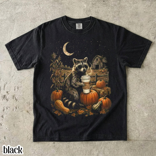 Comfort Colors® Pumpkin Shirt Halloween Raccoon Spooky Season Tee Vintage Autumn I Live Here Now T-Shirt Pumpkin Spice Latte Coffee Shirt