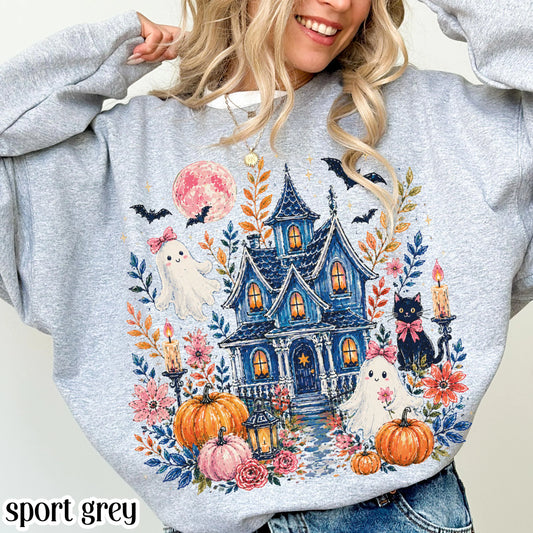 Halloween Haunted House Sweatshirt Spooky Ghost Pumpkin Floral Cottagecore Sweater Blue Brushstroke Pullover Floral Fall Black Cat Crewneck