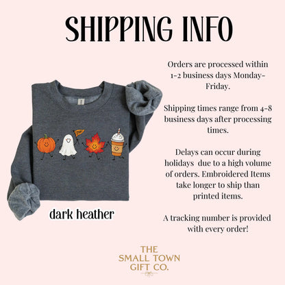 Fall Doodle Sweatshirt Cute Cozy Autumn Vibes Sweater Spooky Season Halloween Crewneck Summerween Pumpkin Ghost Maple Leaf Latte Pullover