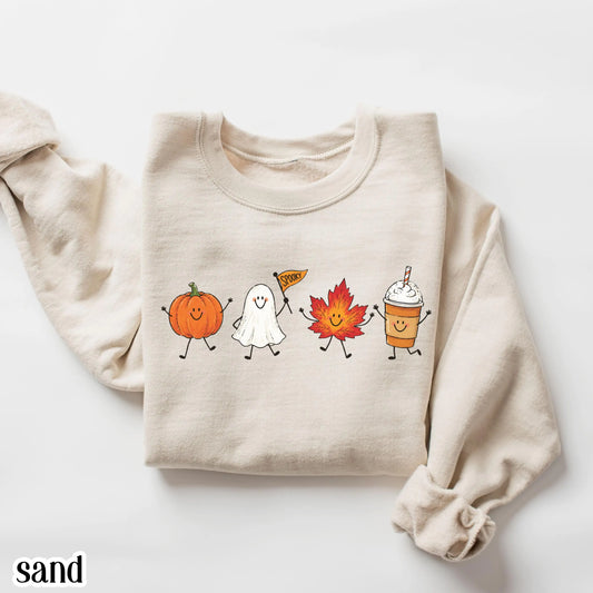 Fall Doodle Sweatshirt Cute Cozy Autumn Vibes Sweater Spooky Season Halloween Crewneck Summerween Pumpkin Ghost Maple Leaf Latte Pullover