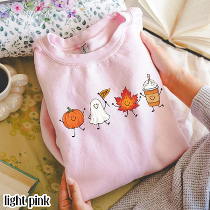 Fall Doodle Sweatshirt Cute Cozy Autumn Vibes Sweater Spooky Season Halloween Crewneck Summerween Pumpkin Ghost Maple Leaf Latte Pullover