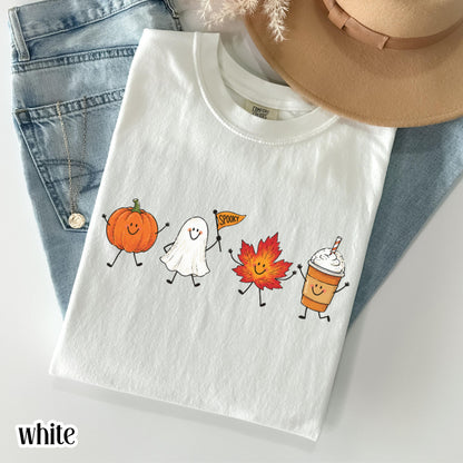 T-Shirt Fall Doodle Comfort Colors® T-shirt Ambiance Automnale Douillette Saison effrayante Halloween T-shirt Summerween Citrouille Fantôme Feuille d'érable Latte