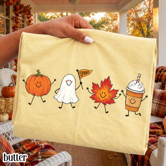 T-Shirt Fall Doodle Comfort Colors® T-shirt Ambiance Automnale Douillette Saison effrayante Halloween T-shirt Summerween Citrouille Fantôme Feuille d'érable Latte