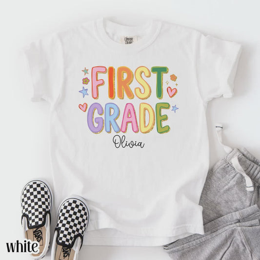 Youth First Grade Comfort Colors® Shirt Colorful Custom Name Elementary School TShirt Kids 1st Grade Back to School Outfit For First Day